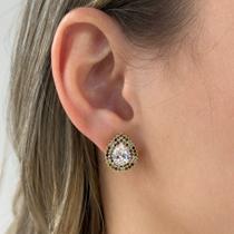 Brinco Gota Central Cristal Borda Color Banhado em Ouro 18k