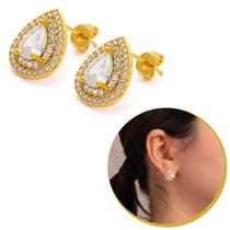 Brinco Gota Feminino Banhado A Ouro Cravejado Luxo