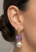 Brinco Grande Cascalho Ametista e Pérola Shell - Feito à Mão Acessórios