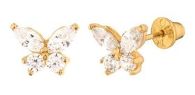Brinco Infantil Borboleta Zirconia 2 Furo - Dourado
