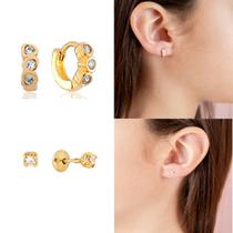 Brinco Infantil com Pedra de Zircônia e Argola Bebê RecémNascido Banhado a Ouro 18k Banho Antialérgico Marca Andréia Branco Acessórios