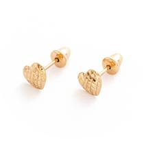 Brinco Infantil Ouro 18k Mini Coração Diamantado Diagonais Cruzadas para Bebê e Adulto 2º Furo