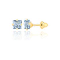 Brinco Infantil Pedrinha 4mm Bebê Pedra Azul Carrê Ouro 18k 750