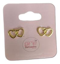 Brinco Infantil Pequeno Coração Duplo Dourado Folheado Ouro