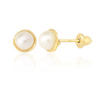 Brinco Infantil Pérola 4mm Natural Ouro 18k 750 Rococó Bebê