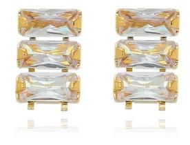 Brinco Ingrid Três Zircônias Retangulares Cristal Banhado em ouro 18k Brinco Ingrid Três Zircônias Retangulares Cristal Banhado em ouro 18k