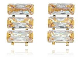 Brinco Ingrid Três Zircônias Retangulares Cristal Banhado em ouro 18k