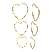 Brinco Kit 3 Pares Argola Coração Ouro 18k-750 N/f