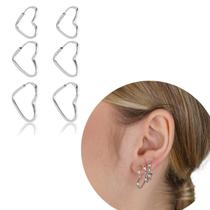 Brinco Kit 3 Pares Trio Argola Coração Prata 925 Legítima kit original feminino presente c/ garantia Brinco Kit 3 Pares Trio Argola Coração Prata 925 Legítima kit original feminino presente c/ garantia