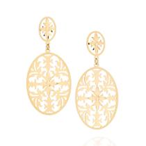 Brinco Lançamento Rommanel Trabalhado Formato Oval Banhado A Ouro 18k Feminino