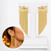 Brinco Longo de Franjas Luxo Banhado a Ouro/Prata Elegante e Moderno para Festas Brinco Longo de Franjas Luxo Banhado a Ouro/Prata Elegante e Moderno para Festas