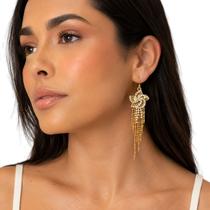 Brinco Longo Dourado Laço Strass e Franjas Elegante Feminino - Brinco Longo Dourado Laço Strass e Franjas Elegante Feminino -