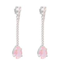 Brinco Longo Strass Pedra Gota Rosa Folheado A Prata