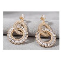 Brinco Luxo Double Ring Sofisticação em Zircônias Cravejadas Cor:Dourado 1