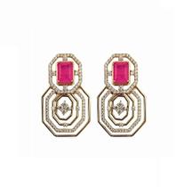 Brinco luxo pedra retangular turmalina rosa banhado a ouro