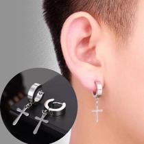 Brinco Masculino Argola Com Furo Cruz Aço Inoxidável Cirúrgico Par
