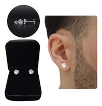 Brinco Masculino De Prata Pura 925 Diamante Sintético 7mm Redondo Ponto De Luz - Look Joias