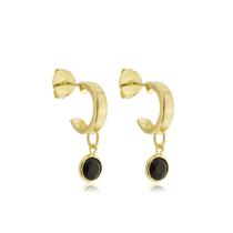 Brinco Meia Argola Com Pingente Preto Zircônia Banhado a Ouro 18k Brinco Meia Argola Com Pingente Preto Zircônia Banhado a Ouro 18k