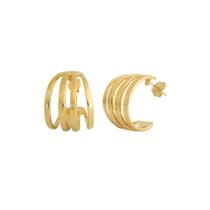 Brinco Meia Argola Listras Fixo Semijoia Ouro 18K