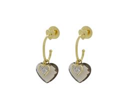 Brinco Meia Argola Ouro 18k Diamante Quartzo Forma Coração Brinco Meia Argola Ouro 18k Diamante Quartzo Forma Coração
