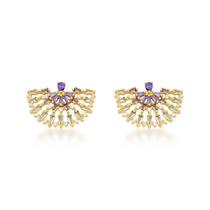 Brinco meia lua pedras cristais e roxas com pontos de zircônia