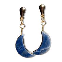 Brinco Meia Lua Quartzo Azul Ranhurado Tarraxa Dourado