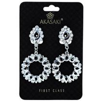 Brinco Metal Strass Semijoia Ródio Branco Akasaki BC0761 Brinco Metal Strass Semijoia Ródio Branco Akasaki BC0761