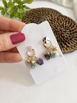 Brinco Mini Argola 3 Cristais Naturais Dourado E Prata