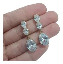 Brinco Noiva Dourado Zirconia Pendurado Festa Debutante Luxo