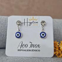 Brinco Olho Grego Feminino Aço Inox Com Pedras Zircônia Par Modelo Azul
