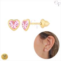 Brinco Ouro 10k 416 em Formato de Coração Zircônia Rosa Transparente 4mm Infantil e Adulto Brinco Ouro 10k 416 em Formato de Coração Zircônia Rosa Transparente 4mm Infantil e Adulto