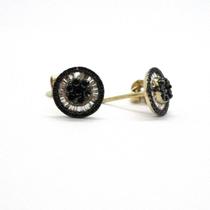 Brinco Ouro 18K Amarelo com Diamante Brilhante Preto e Branco Natural Pizza Mini 0.8cm