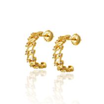 Brinco Ouro 18k Argola Meia Argolinha Navetes Com Zircônia B911