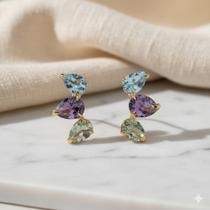 Brinco Ouro 18k Earcuff Trio Gotas Naturais Ametistas Roxas e Topázio Sky Brinco Ouro 18k Earcuff Trio Gotas Naturais Ametistas Roxas e Topázio Sky