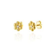 Brinco Ouro 18k Flor Ondular 6 pétalas c/ Zircônia BR0010