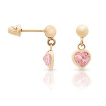 Brinco Ouro 18K Infantil Bolinha com Coração De Zircônia Rosa 10mm