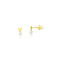 Brinco Ouro 18k Infantil Coração e Pérola 5 mm