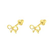 Brinco Ouro 18k Laço Com Zircônia Infantil ou Segundo Furo Brinco Ouro 18k Laço Com Zircônia Infantil ou Segundo Furo