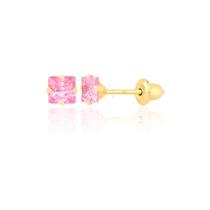 Brinco Ouro 18k Pedrinha 3mm Pedra Rosa Quadrada Infantil Bebê Brinco Ouro 18k Pedrinha 3mm Pedra Rosa Quadrada Infantil Bebê