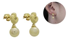 Brinco Ouro 18k Pendente Perola 6,4mm Ponto Diamante Natural Brinco Ouro 18k Pendente Perola 6,4mm Ponto Diamante Natural