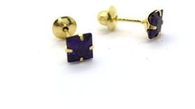 Brinco Ouro 18k Solitário Pedra Violeta Quadrada Delicada