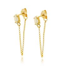 Brinco Ouro 18k Solitário Zircônia Corrente Elos Pendurado G5211