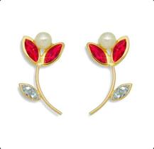 Brinco Ouro 18k Tulipa Com Zircônias e Pérola