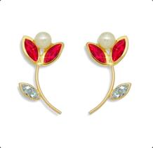 Brinco Ouro 18k Tulipa Zircônias E Pérola