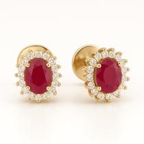 Brinco Oval em Ouro 18k de 1 cm com Rubi e Diamantes