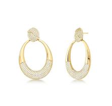 Brinco Oval Pêndulo Vazado e Cravejado Banhado a Ouro - Zircônia Brinco Oval Pêndulo Vazado e Cravejado Banhado a Ouro - Zircônia