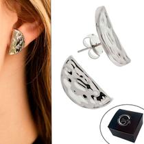 Brinco Paládio Prata Duo Forma Meia Lua Orgânica 22mm