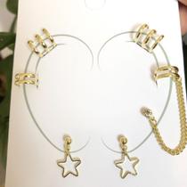 Brinco Par 6 Peças Argola Corrente Strass Estrela Dourado