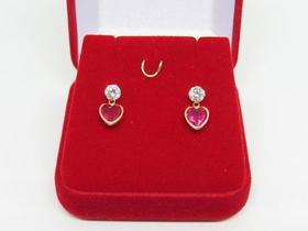 Brinco Pedra Coração Vermelho Rubi Ouro 18k 750 Brinco Pedra Coração Vermelho Rubi Ouro 18k 750