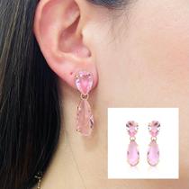 Brinco Pedra Gota Rosa Folheado A Ouro 18k Brinco Pedra Gota Rosa Folheado A Ouro 18k